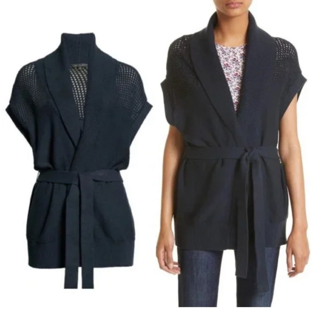 $350 Rag & Bone Andi Organic Cotton Cardigan Sweater Knit Top Wrap Belted Blue M